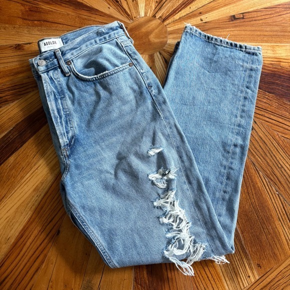 Agolde 90s Mid Rise Loose Fit Distressed Jeans Size 27 Light Wash Denim